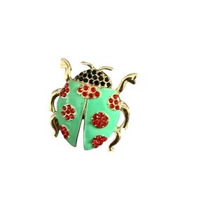Vintage Gold Lady bug Brooch with Pink, Green & Black Crystals